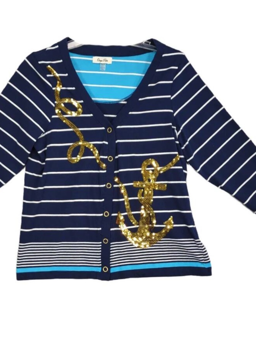 Breton Navy & White Striped Cardigan with GLAM Sequin Anchor! EUC